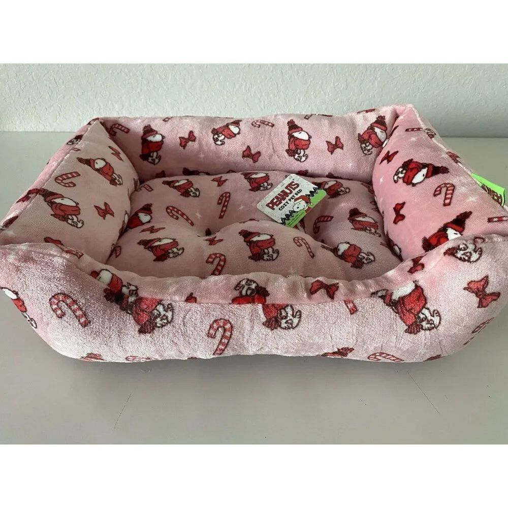 Peanuts Snoopy Small Dog Cat Pet‎ Cozy Cuddler Bed Christmas Pink Candy Cane NEW